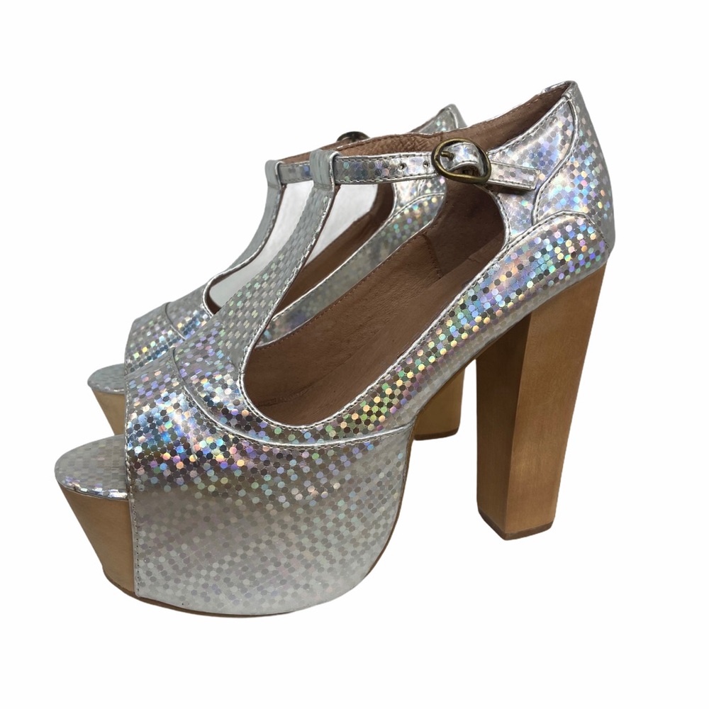 Y2K Jeffrey Campbell Platform Foxy Wood Holographic Heels